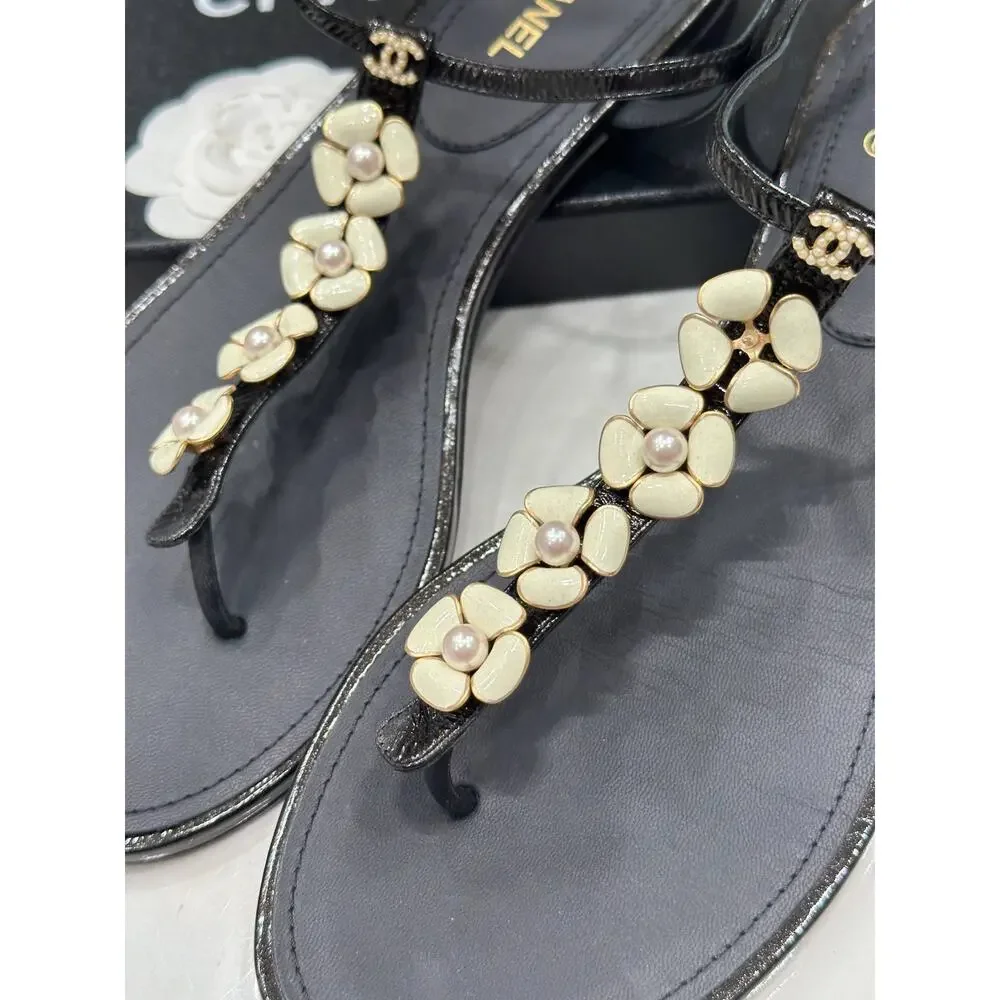Chanel Black Flower Pearl Thong Sandals - EU 41
